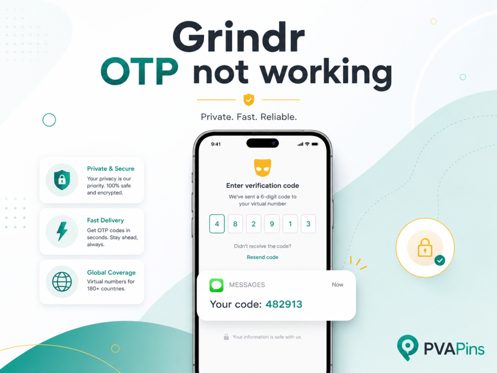 Grindr OTP not working troubleshooting guide displayed beside a smartphone verification code screen.