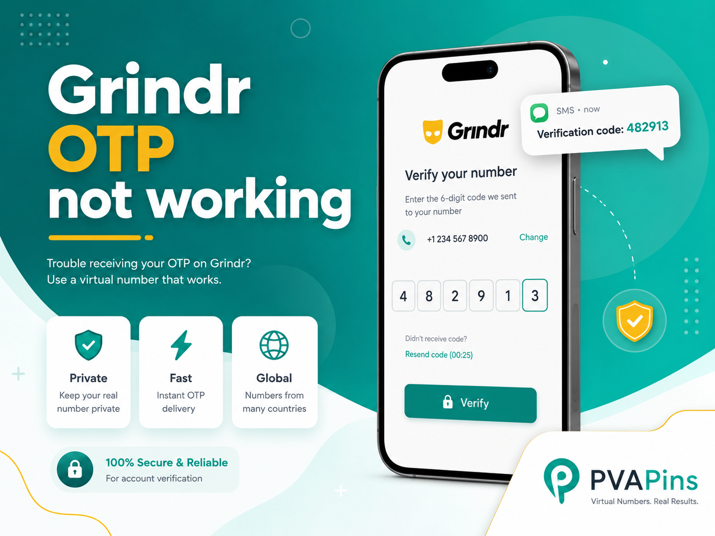Phone showing a delayed Grindr SMS verification code with tips for fixing OTP delivery issues.
