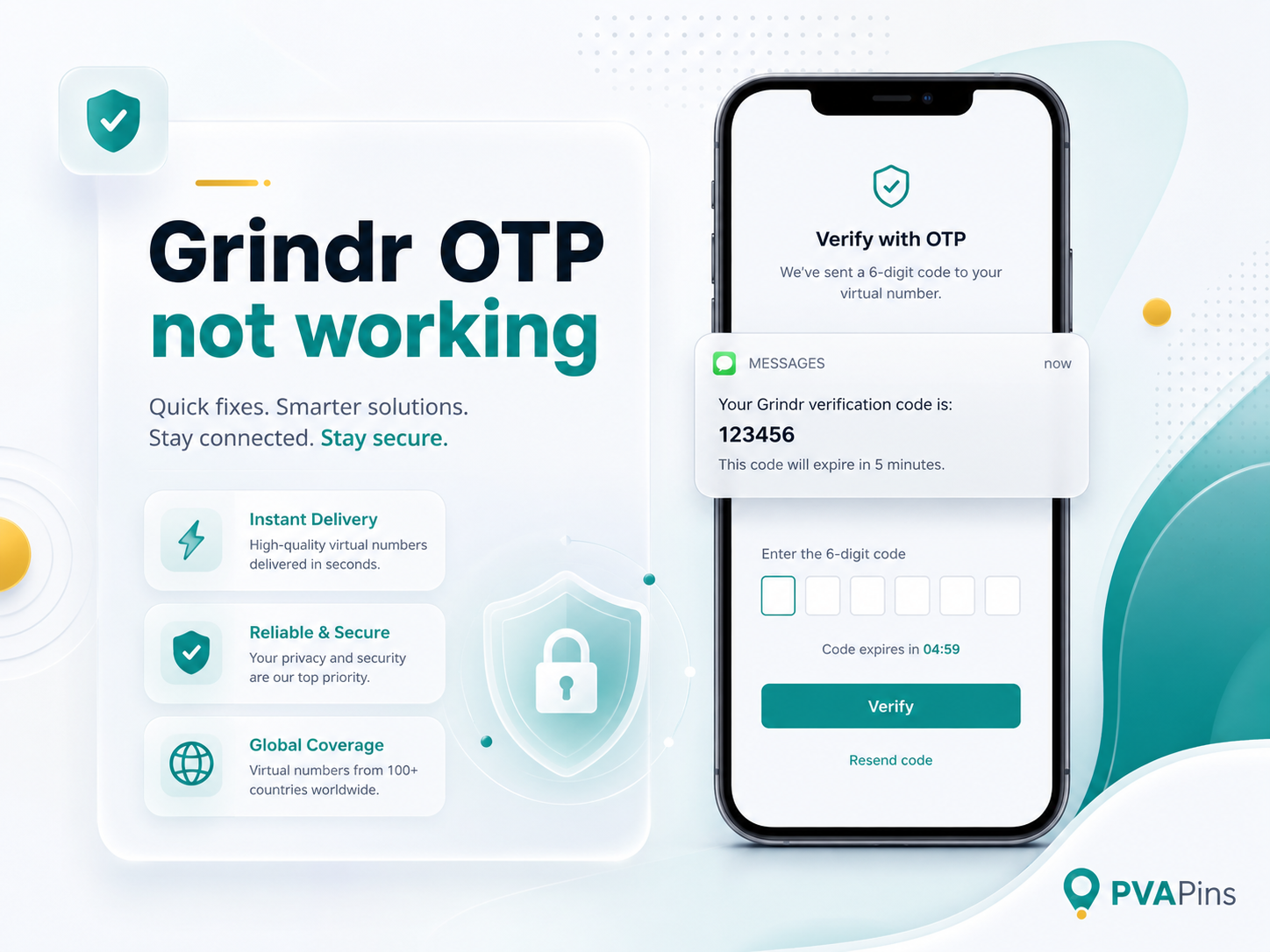 Grindr verification code not received banner featuring a secure mobile OTP login screen.