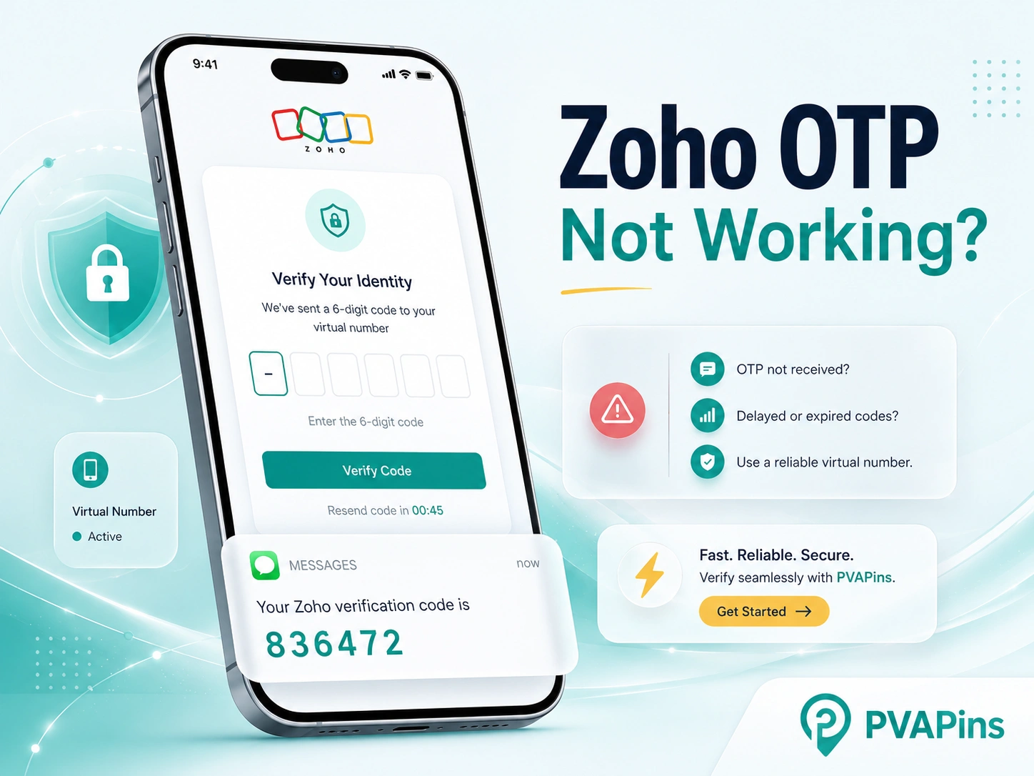 Smartphone displaying Zoho verification code problem and OTP recovery options