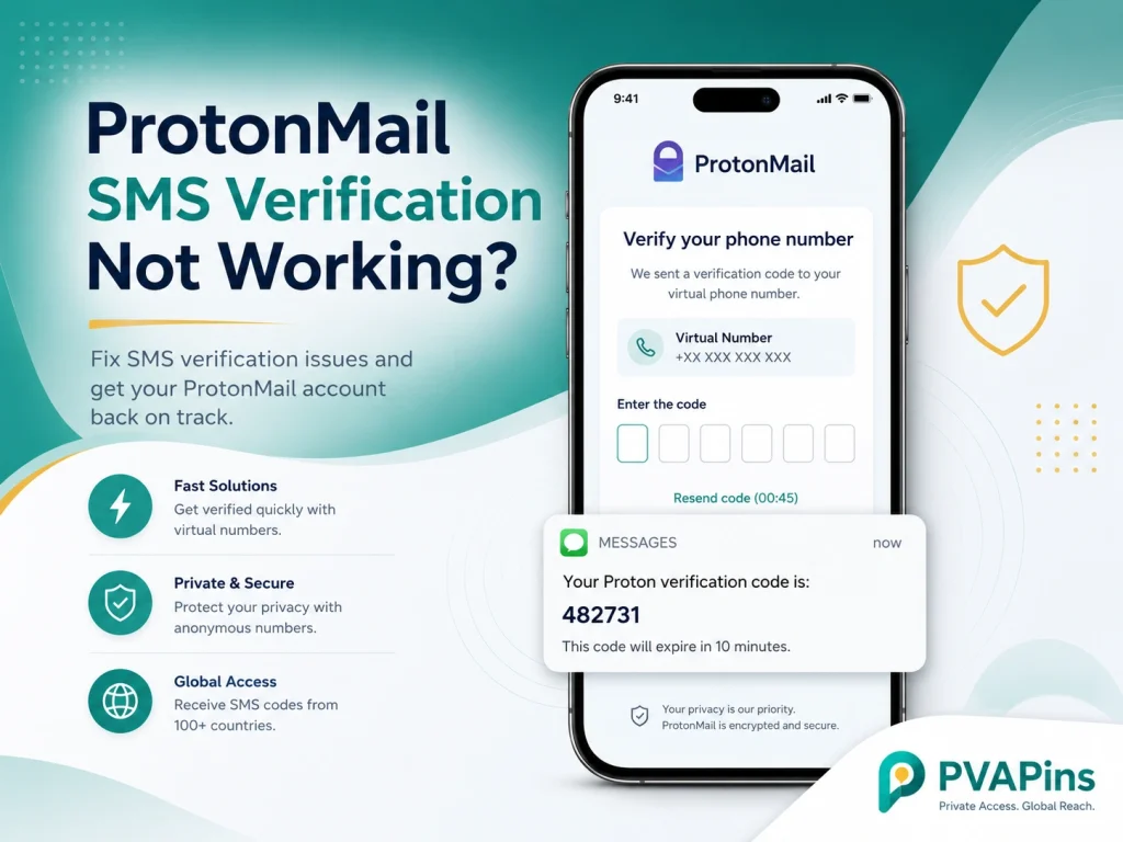 Smartphone displaying a ProtonMail SMS verification code with secure email account setup graphics.