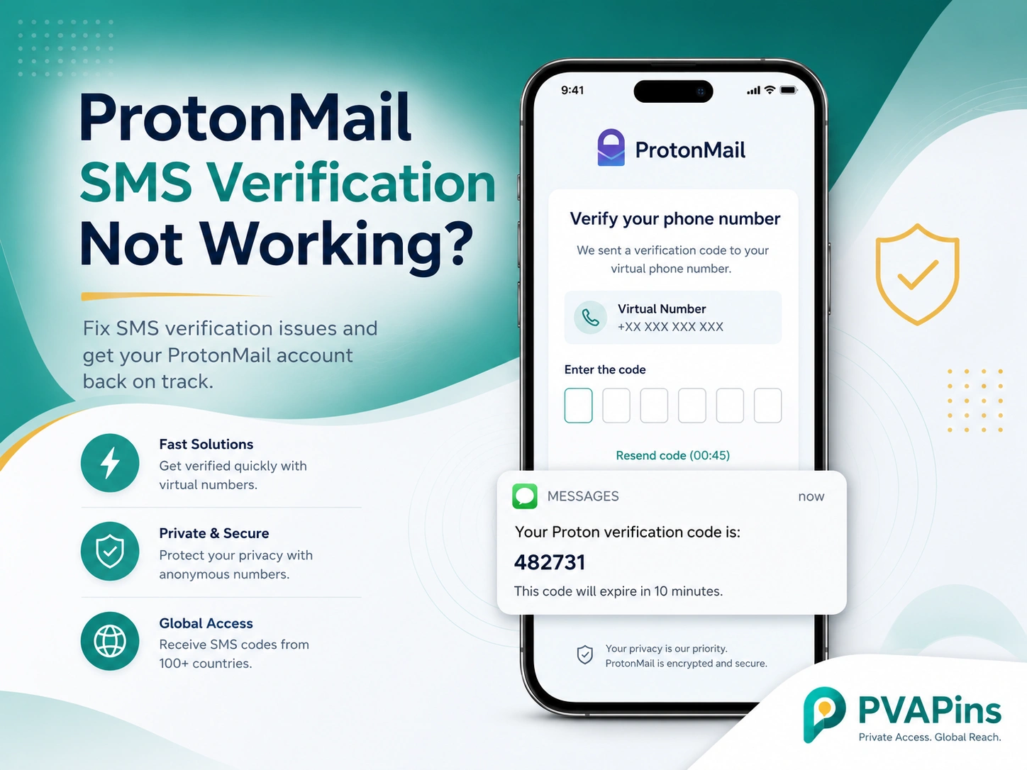 Smartphone displaying a ProtonMail SMS verification code with secure email account setup graphics.