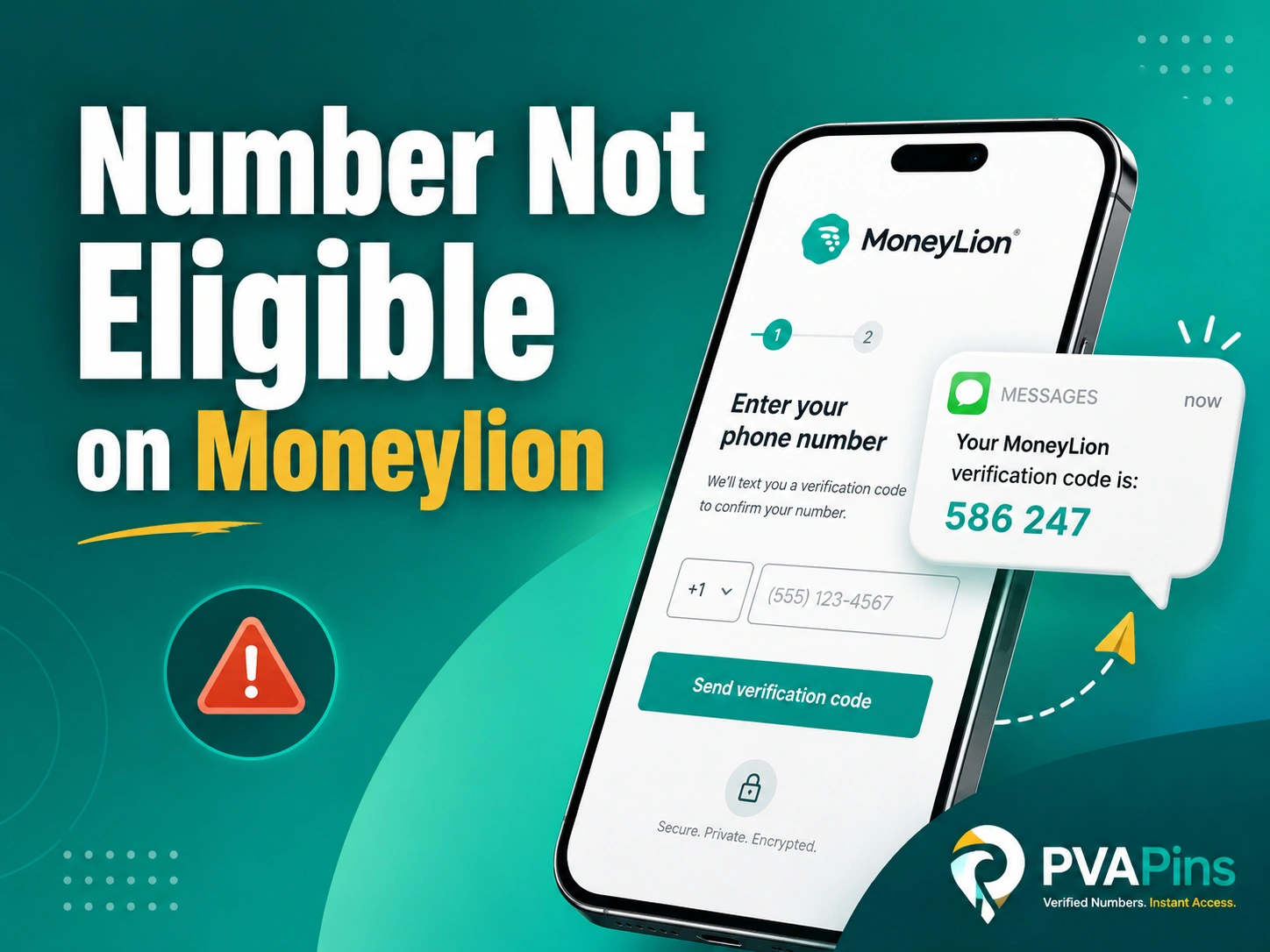 Clean tech-style MoneyLion verification issue graphic with SMS code notification on phone screen