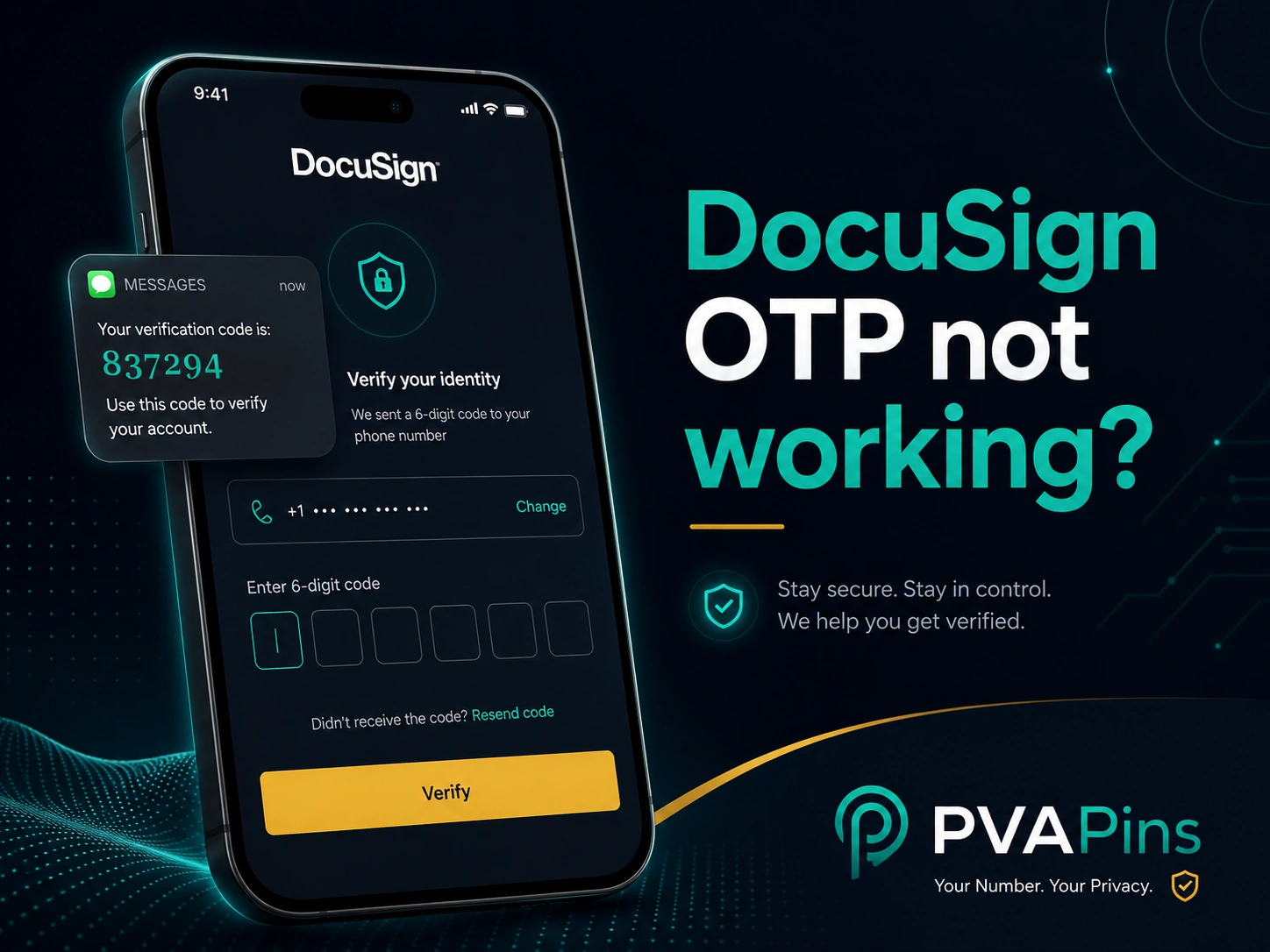 DocuSign OTP not working banner showing a smartphone with SMS verification code and secure login screen