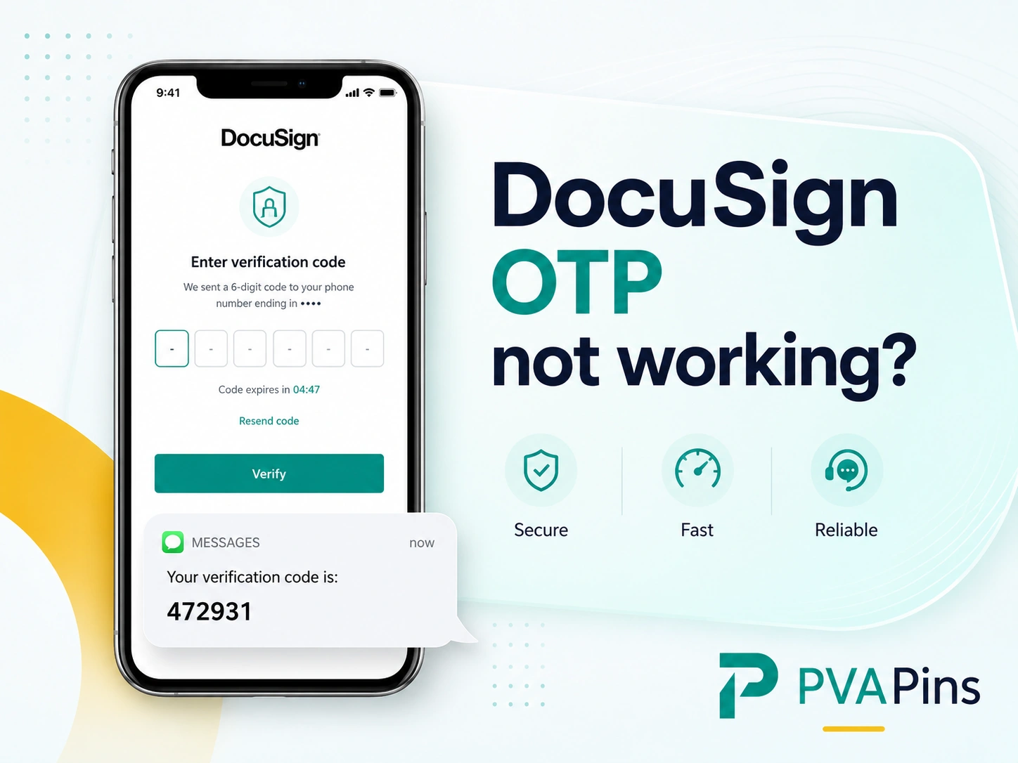 DocuSign verification code troubleshooting graphic with virtual number SMS login and security theme