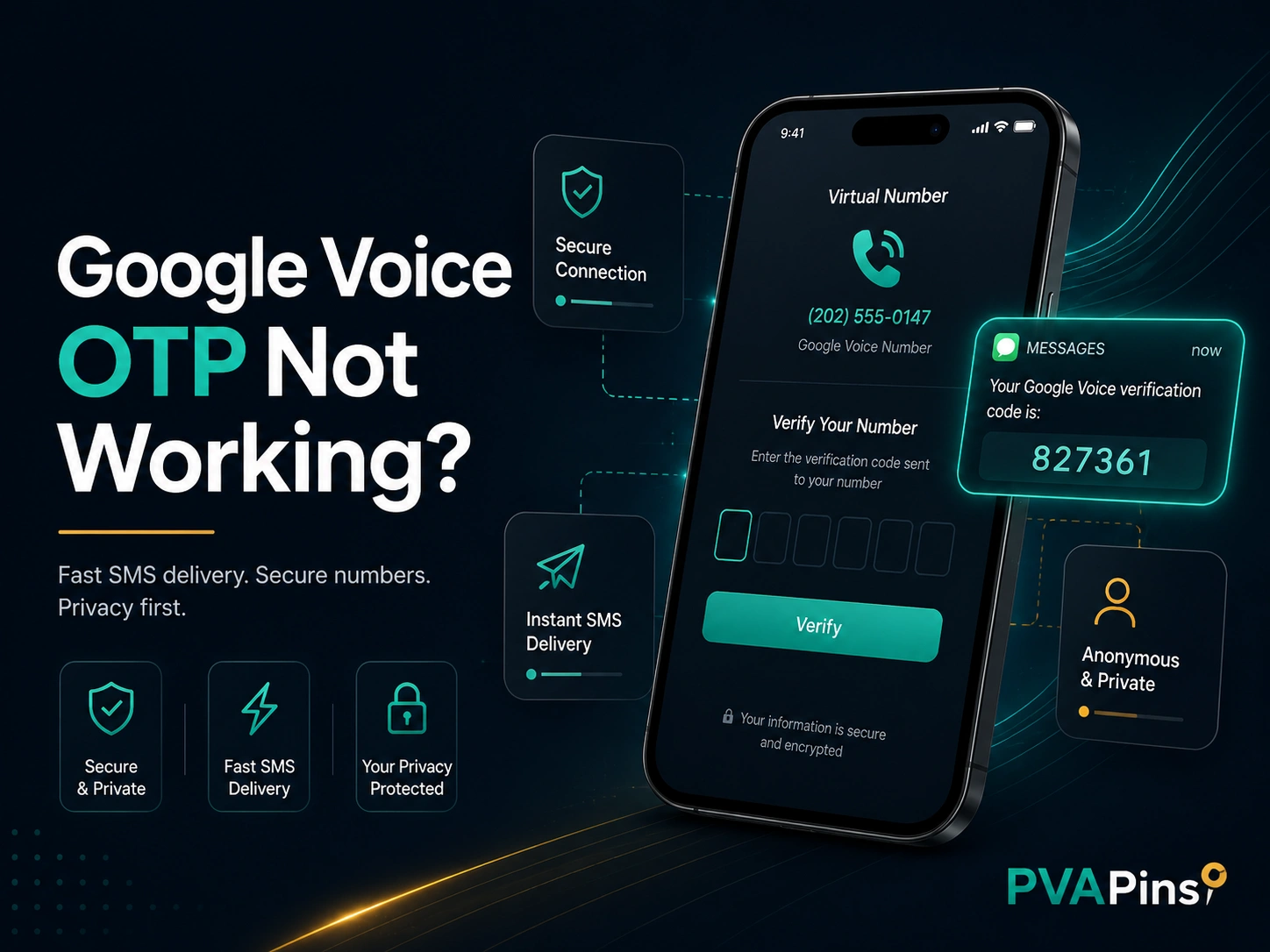 Google Voice SMS verification error displayed on a mobile phone with privacy-focused virtual number concept