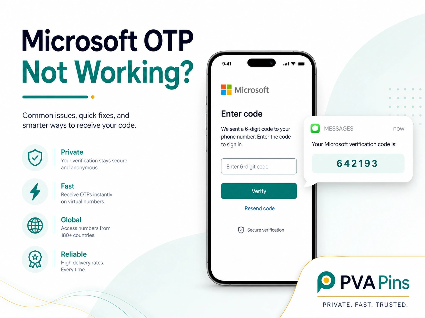 Microsoft OTP not working banner with virtual number SMS verification concept