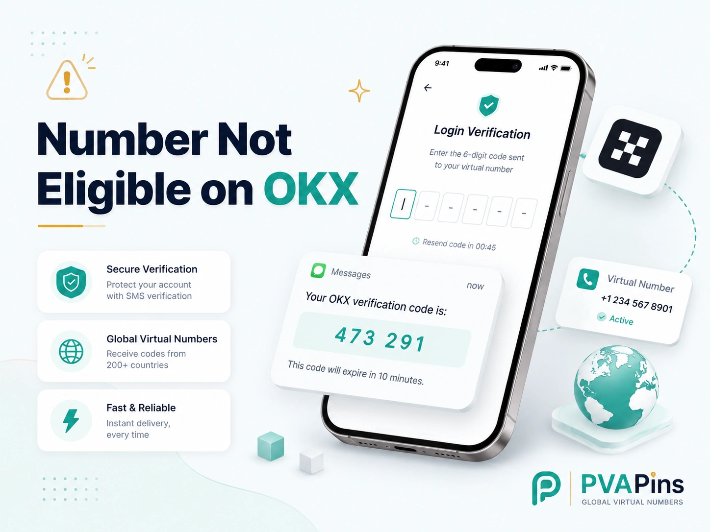 Minimal blog hero image for “Number Not Eligible on OKX,” featuring a phone OTP screen, generic SMS code bubble, teal accents, and PVAPins branding.