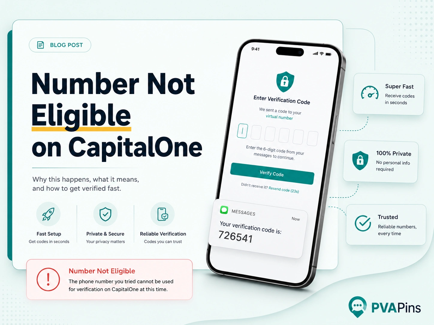 Minimal teal and gold PVAPins graphic explaining number not eligible on CapitalOne with secure virtual number login design.