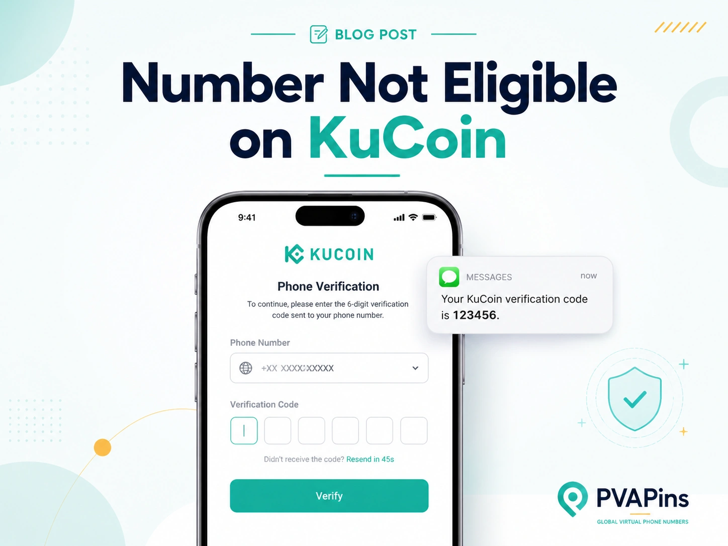 Minimal tech banner illustrating KuCoin phone number verification failure with secure virtual number login and clean teal accents.