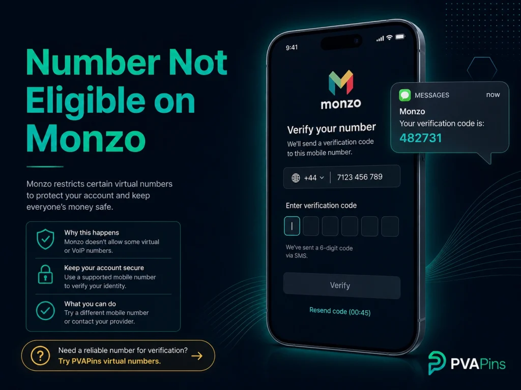 Modern Monzo verification banner showing number not eligible message and virtual number SMS code