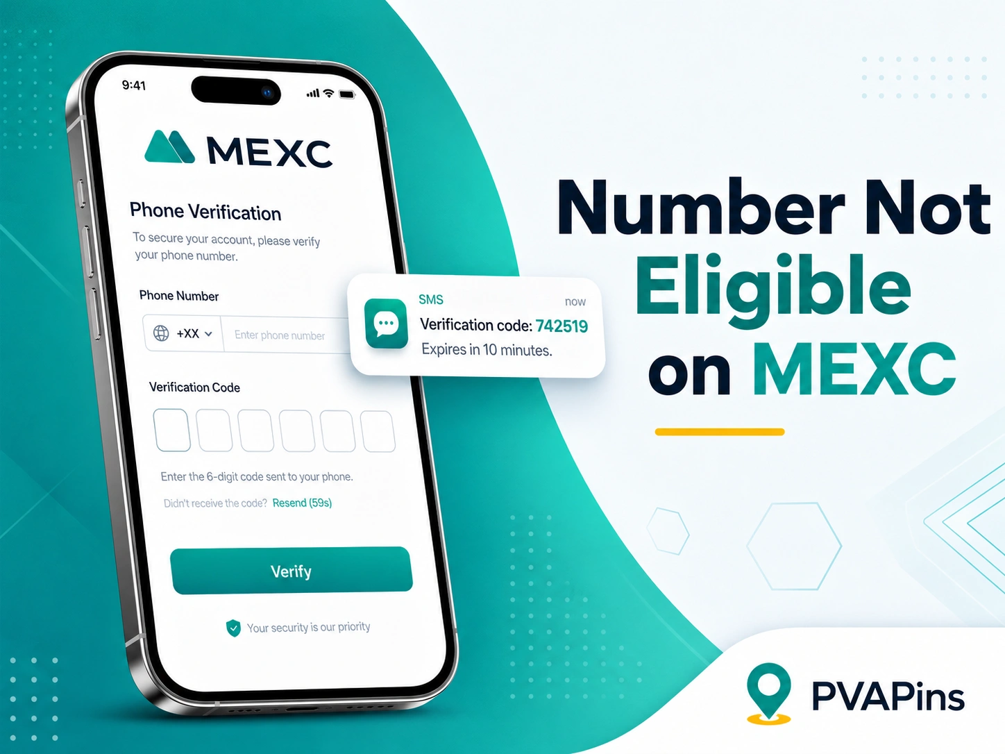 Modern PVAPins banner for Number Not Eligible on MEXC verification issue