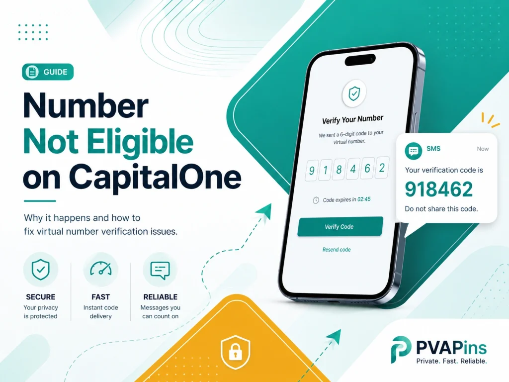 Modern PVAPins banner showing CapitalOne number not eligible message with virtual phone verification screen and SMS code bubble.