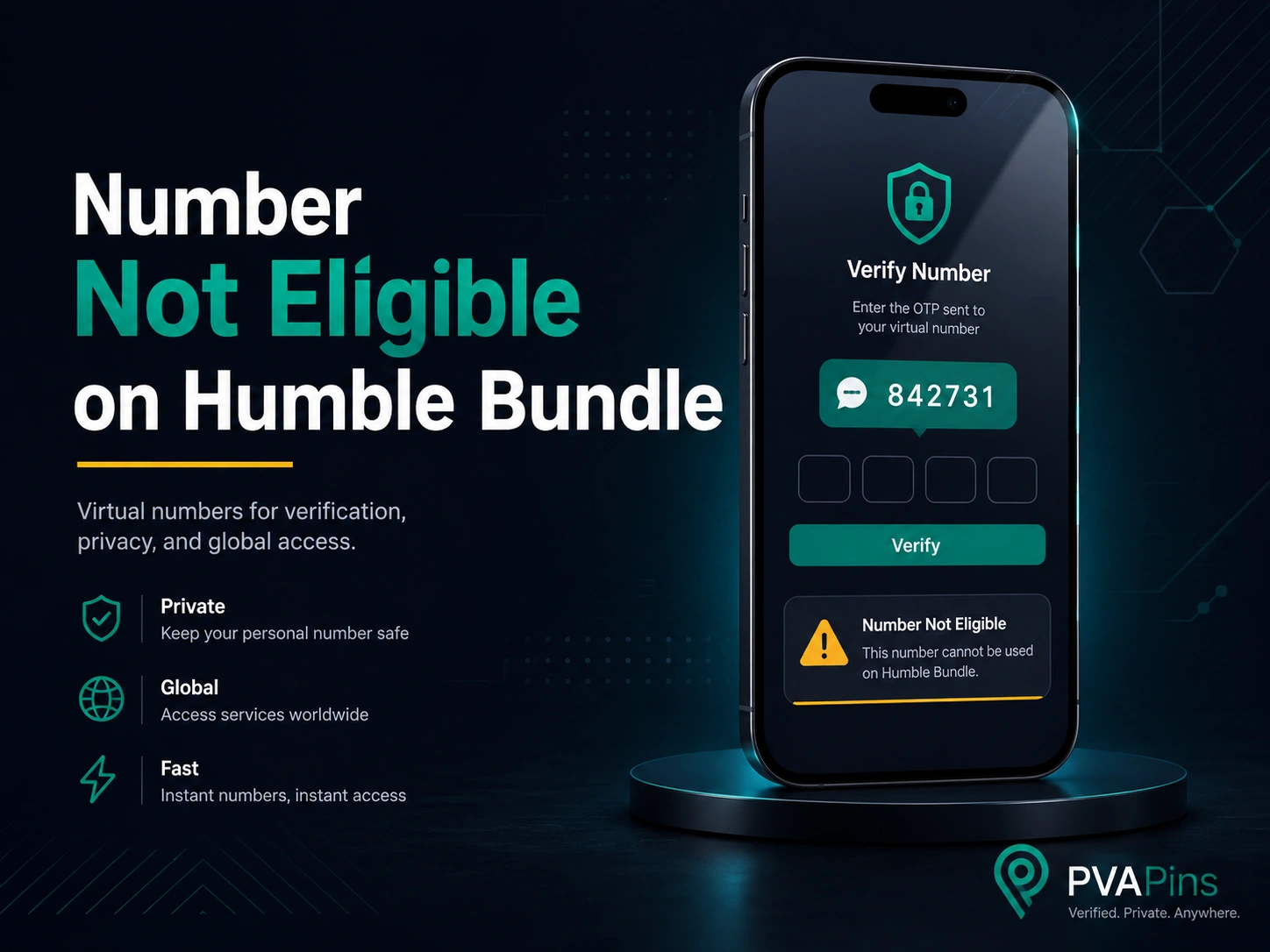 Modern banner showing Humble Bundle number verification error with virtual SMS code and PVAPins branding.