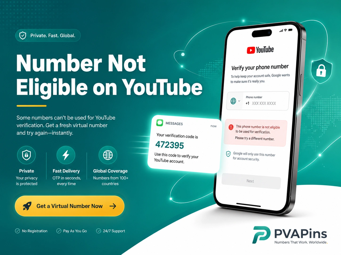 Modern banner showing YouTube phone verification error with SMS code bubble and virtual number alert.