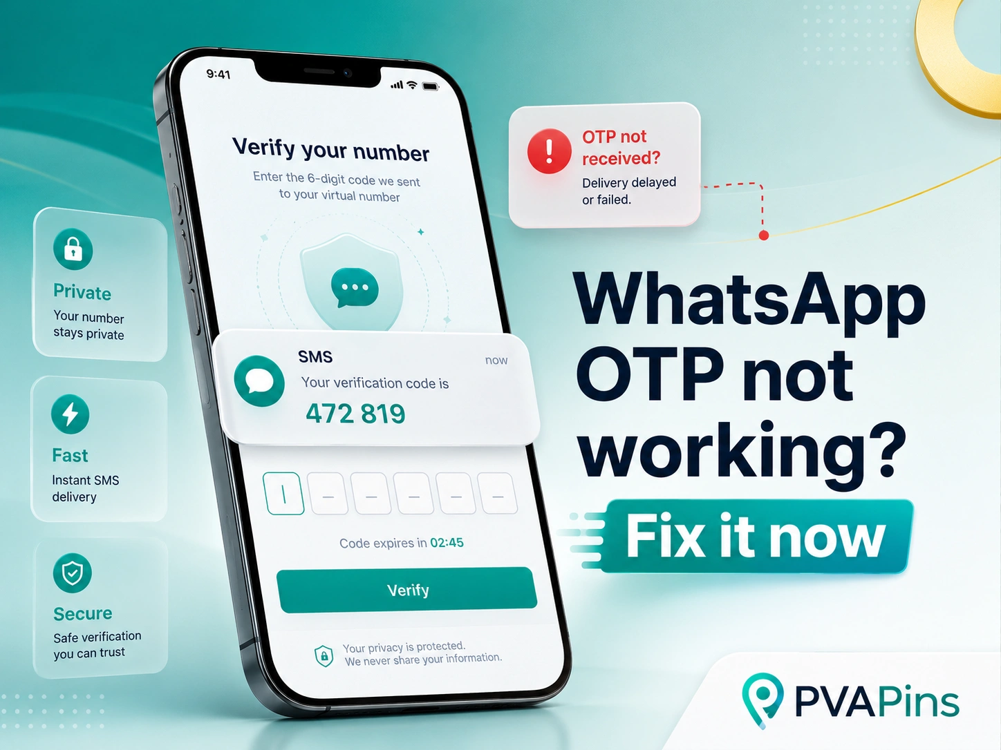 Modern illustration of WhatsApp OTP troubleshooting with virtual number verification and SMS confirmation screen