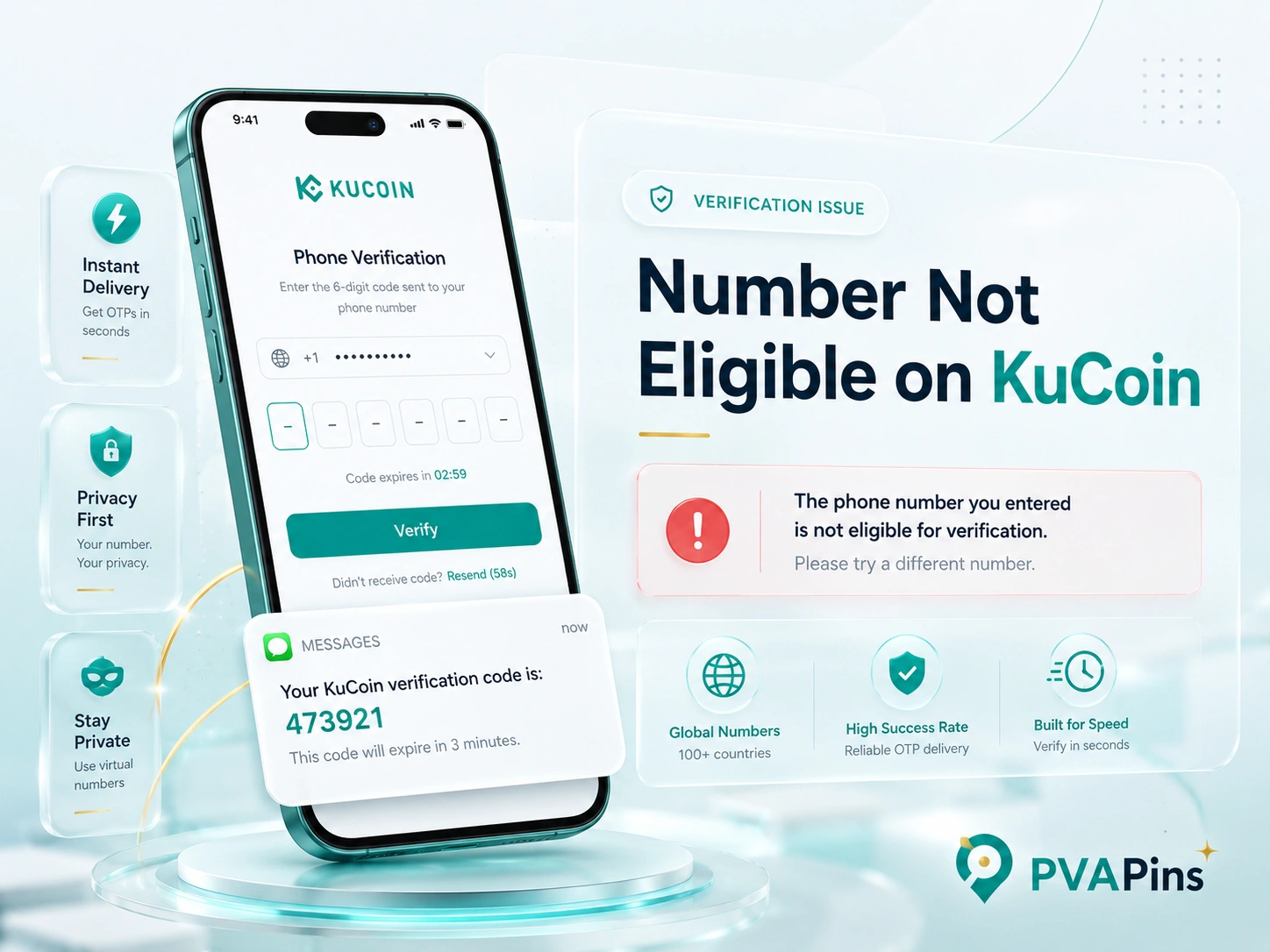 Modern smartphone verification screen showing a KuCoin number not eligible error with a generic SMS code bubble and PVAPins branding.
