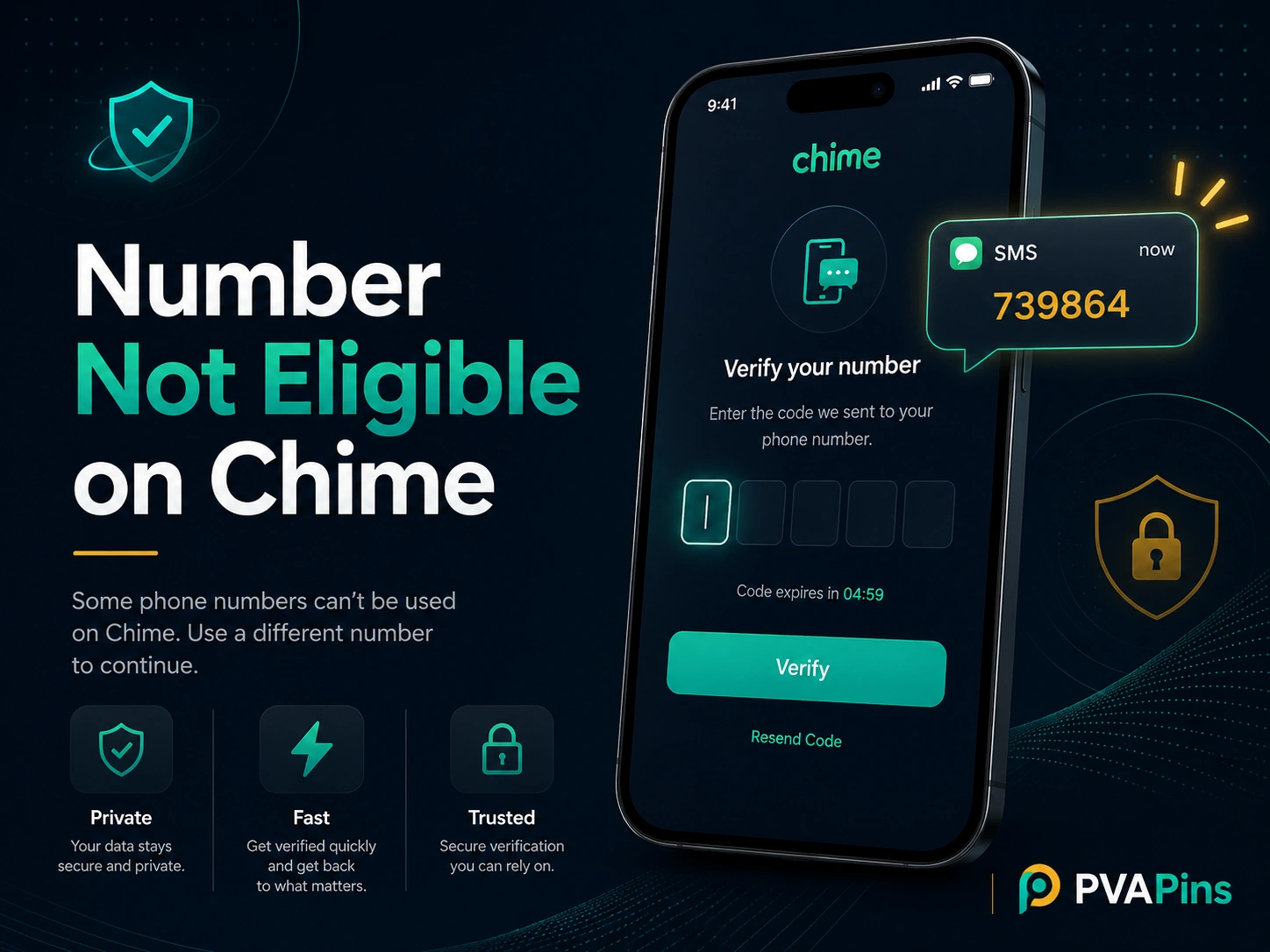 Modern tech banner for Chime number eligibility issue with private SMS verification code