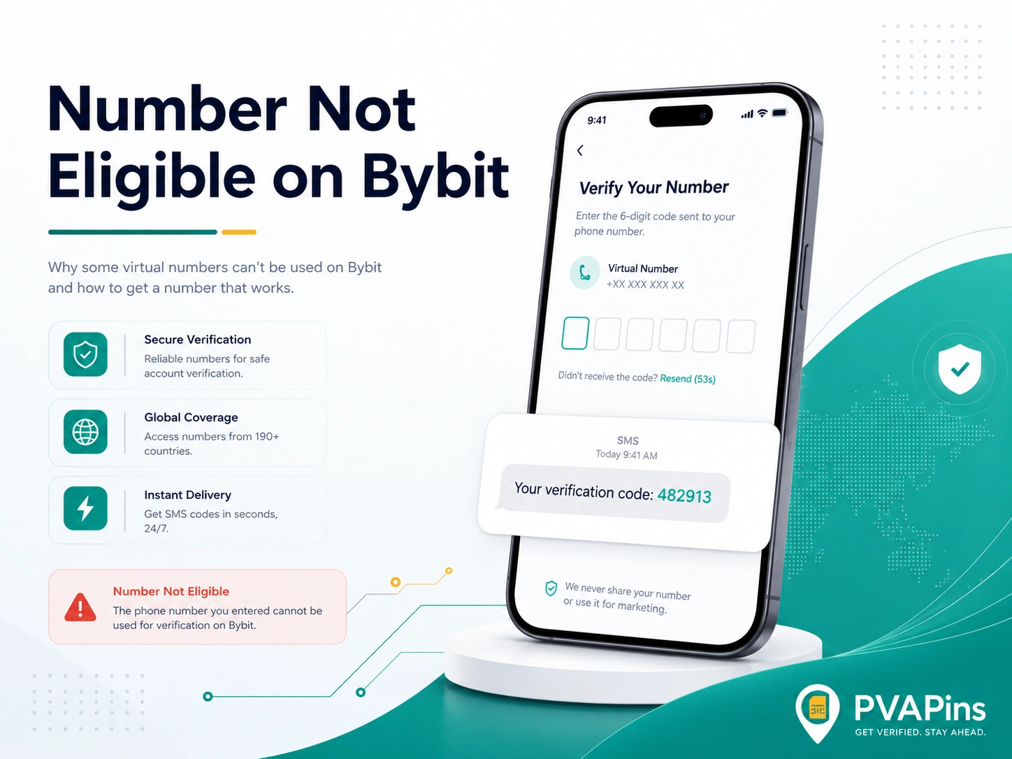 Modern tech banner for fixing Number Not Eligible on Bybit with phone verification and PVAPins branding