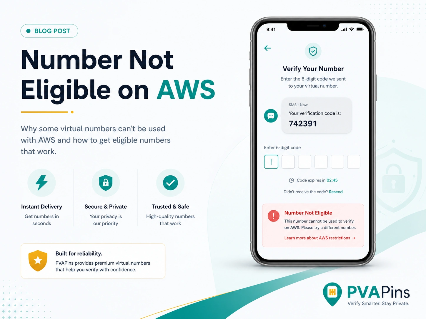 Modern tech banner illustrating “Number Not Eligible on AWS” with verification screen, warning alert, and privacy icons.