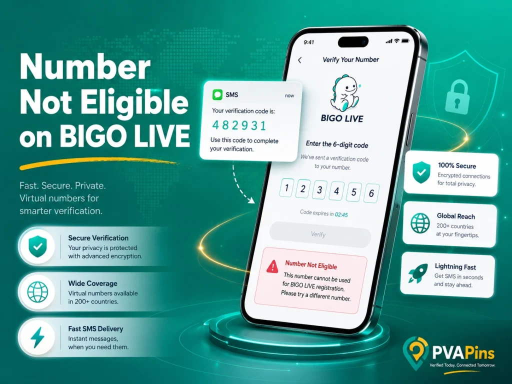 Modern tech banner showing a smartphone verification screen with “Number Not Eligible on BIGO LIVE” message and secure SMS code bubble.