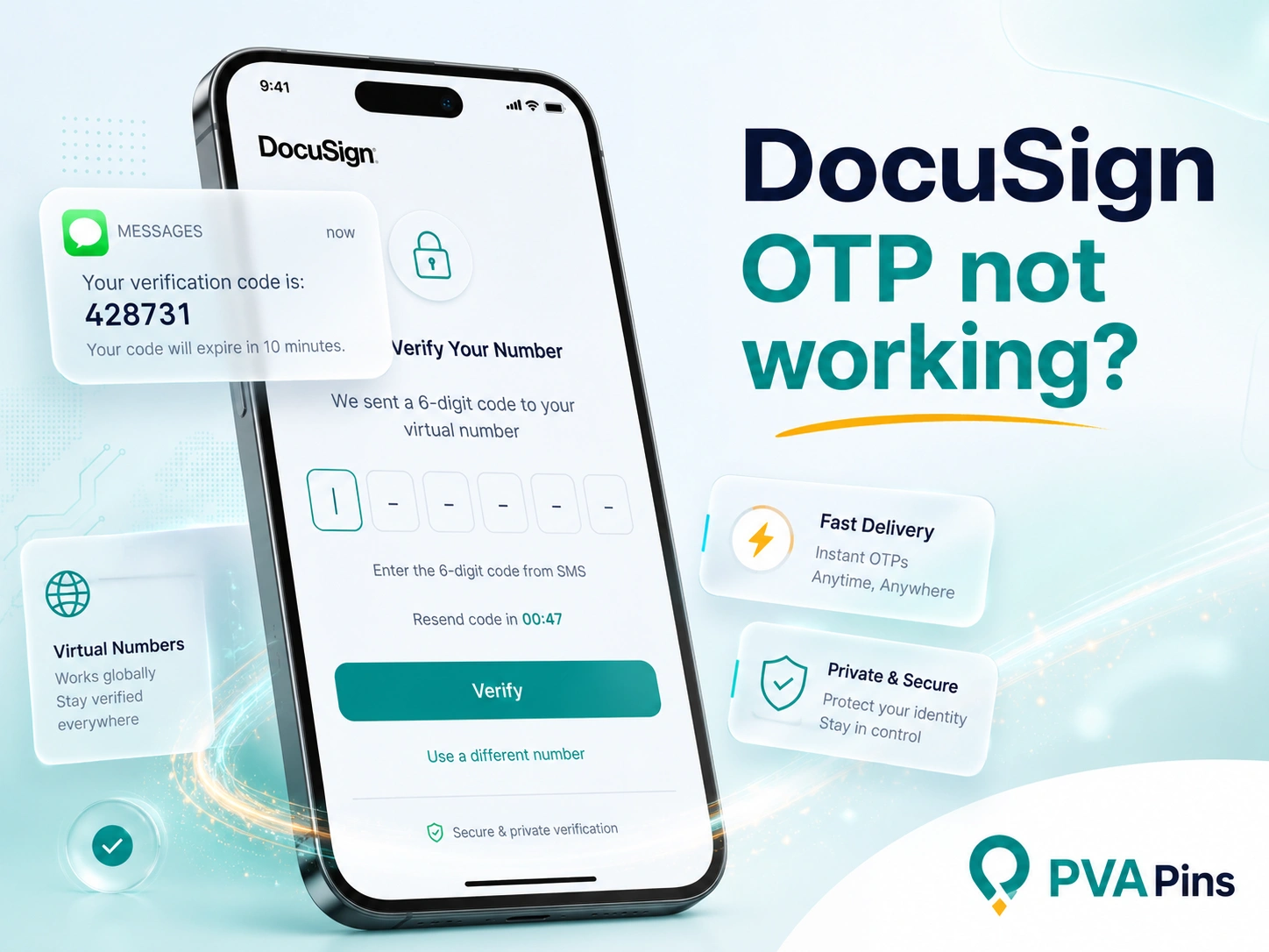 Modern tech illustration of DocuSign SMS verification issue with OTP code message on phone screen