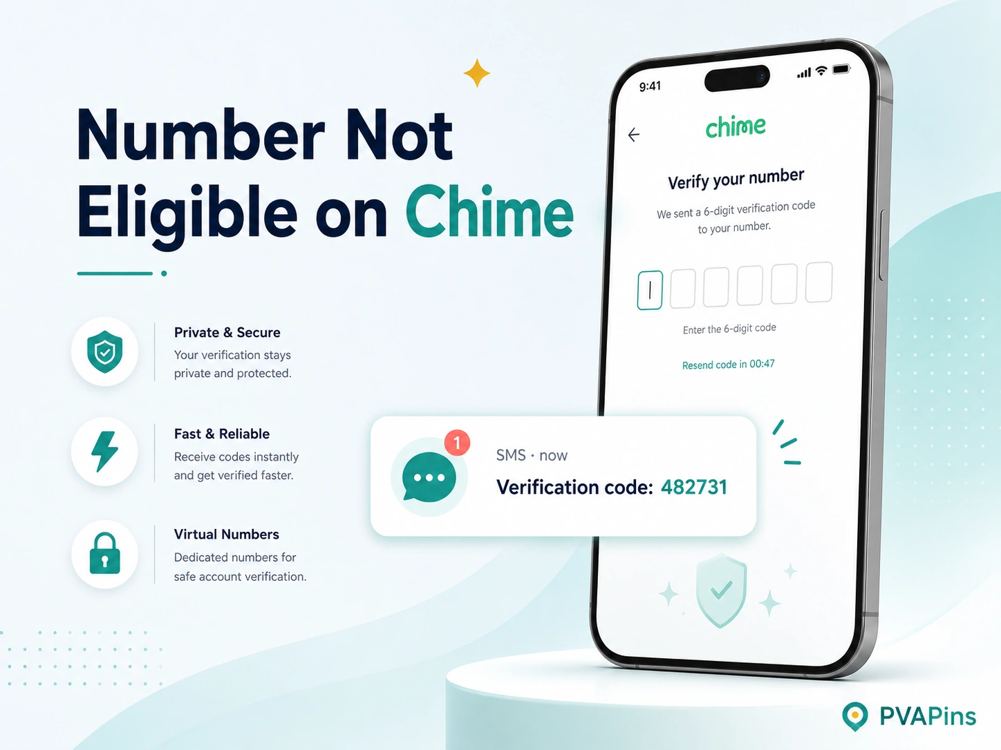 Number Not Eligible on Chime banner with virtual number login and secure OTP message
