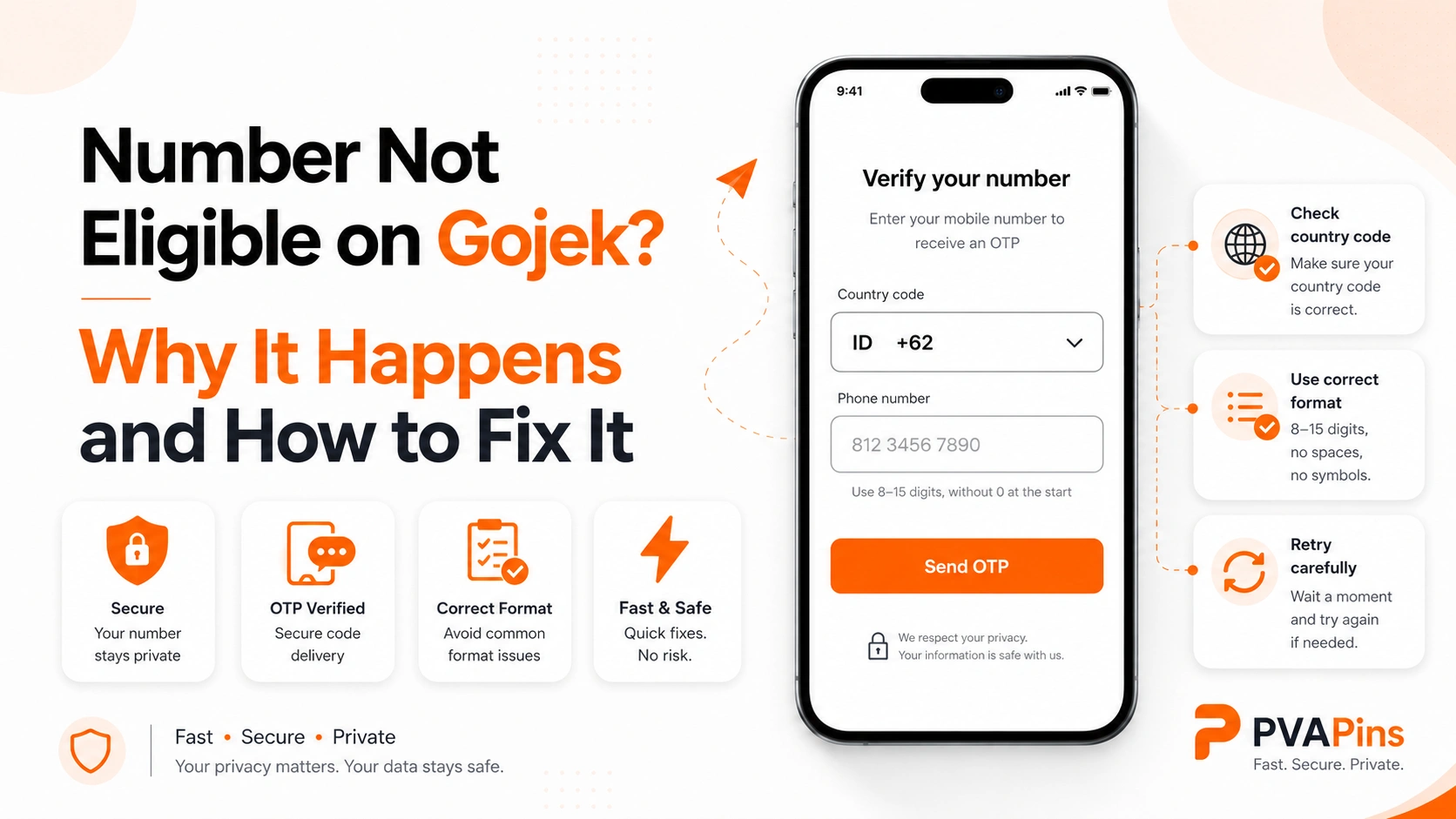 PVAPins guide graphic for fixing Gojek OTP and temporary number issues