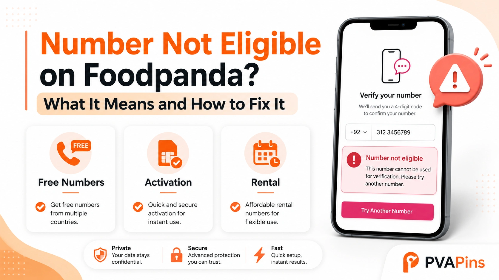 Phone verification screen showing a Foodpanda number not eligible error with PVAPins OTP solutions