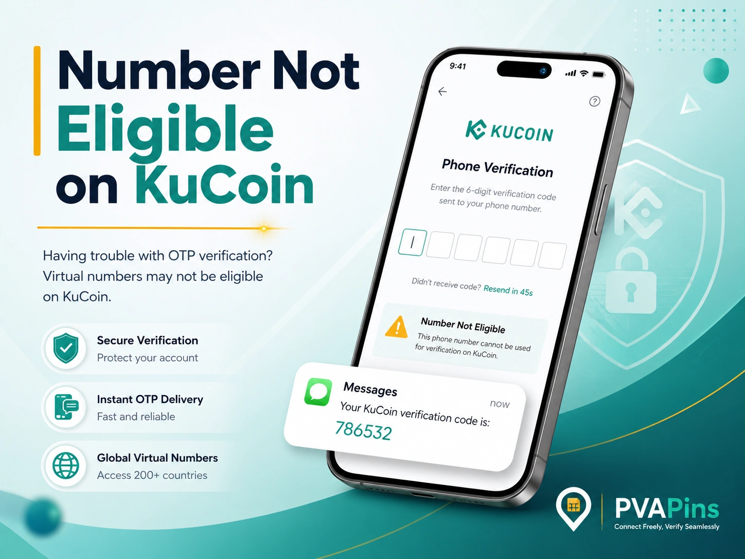 Professional OTP verification graphic for “Number Not Eligible on KuCoin” featuring a phone screen, SMS code alert, and PVAPins logo.