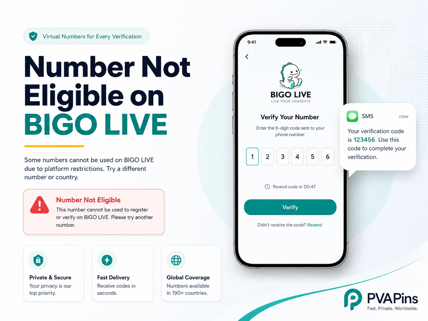 Smartphone SMS verification banner showing BIGO LIVE phone number rejection, privacy icons, and fast virtual number solution.