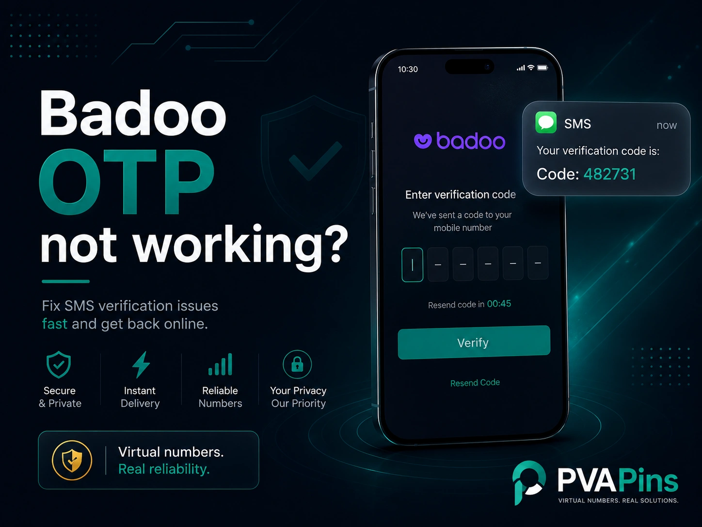 Smartphone displaying a Badoo OTP verification screen with an SMS code notification and troubleshooting icons.