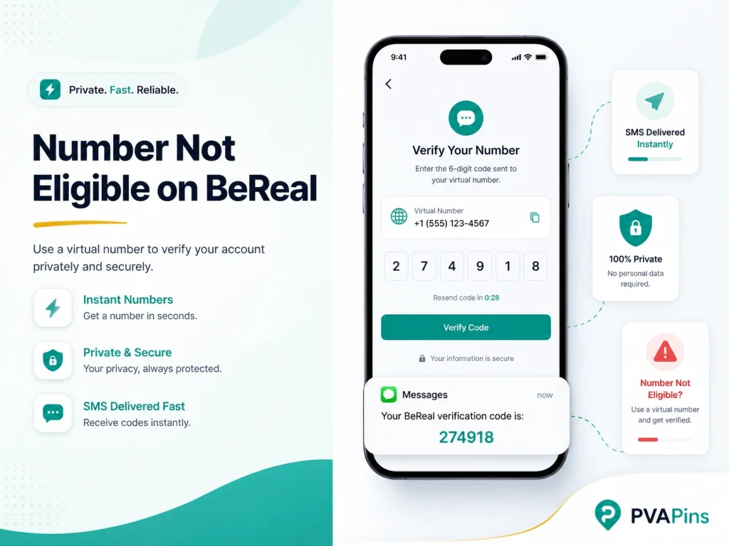 Smartphone showing BeReal phone verification with number not eligible error