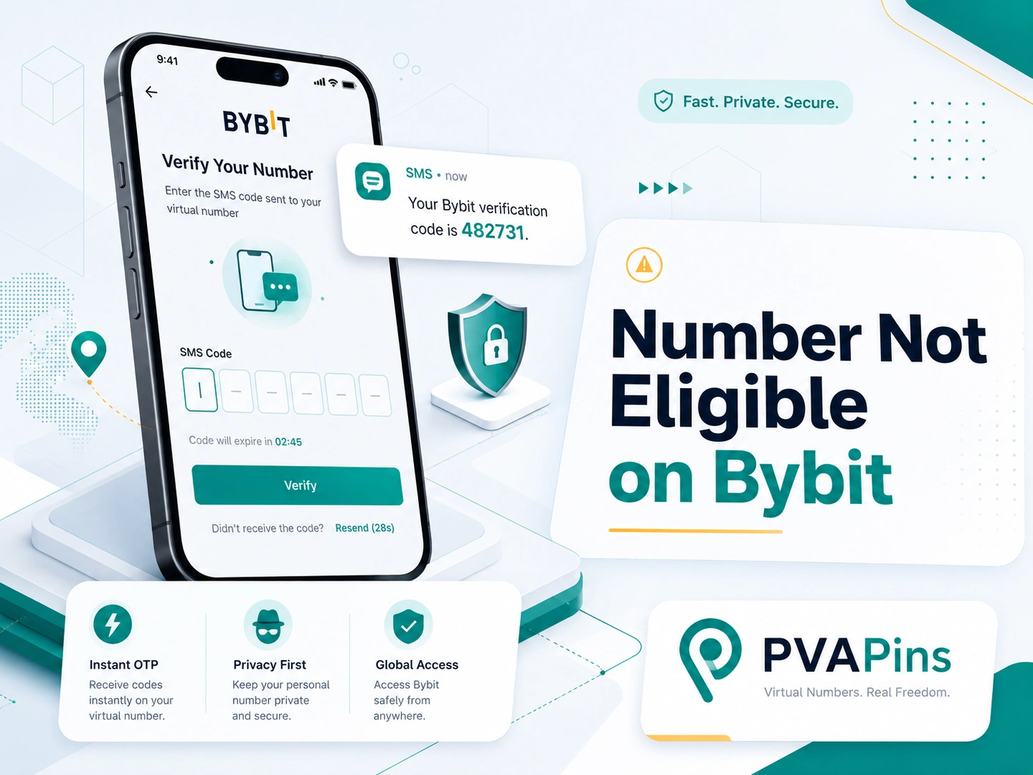 Smartphone showing Bybit SMS verification screen with generic OTP code bubble and secure virtual number login concept