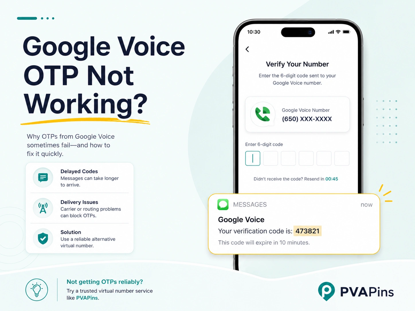 Smartphone showing Google Voice OTP verification screen with secure SMS code notification