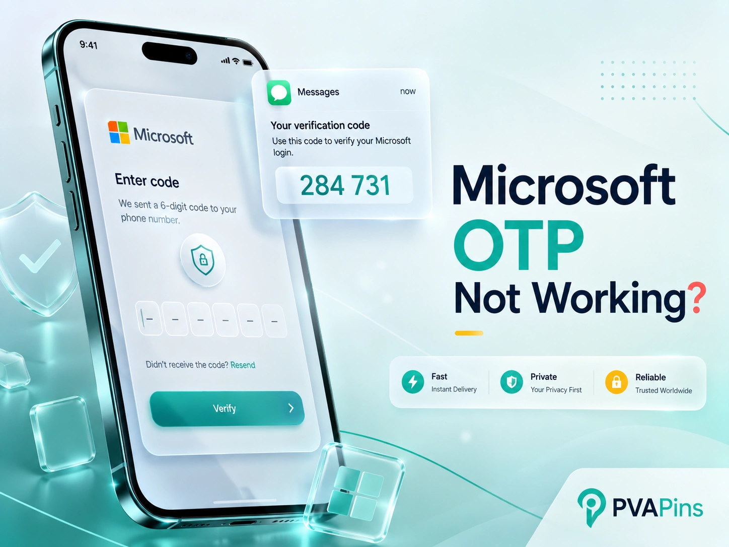 Smartphone showing Microsoft OTP verification code with secure SMS login screen