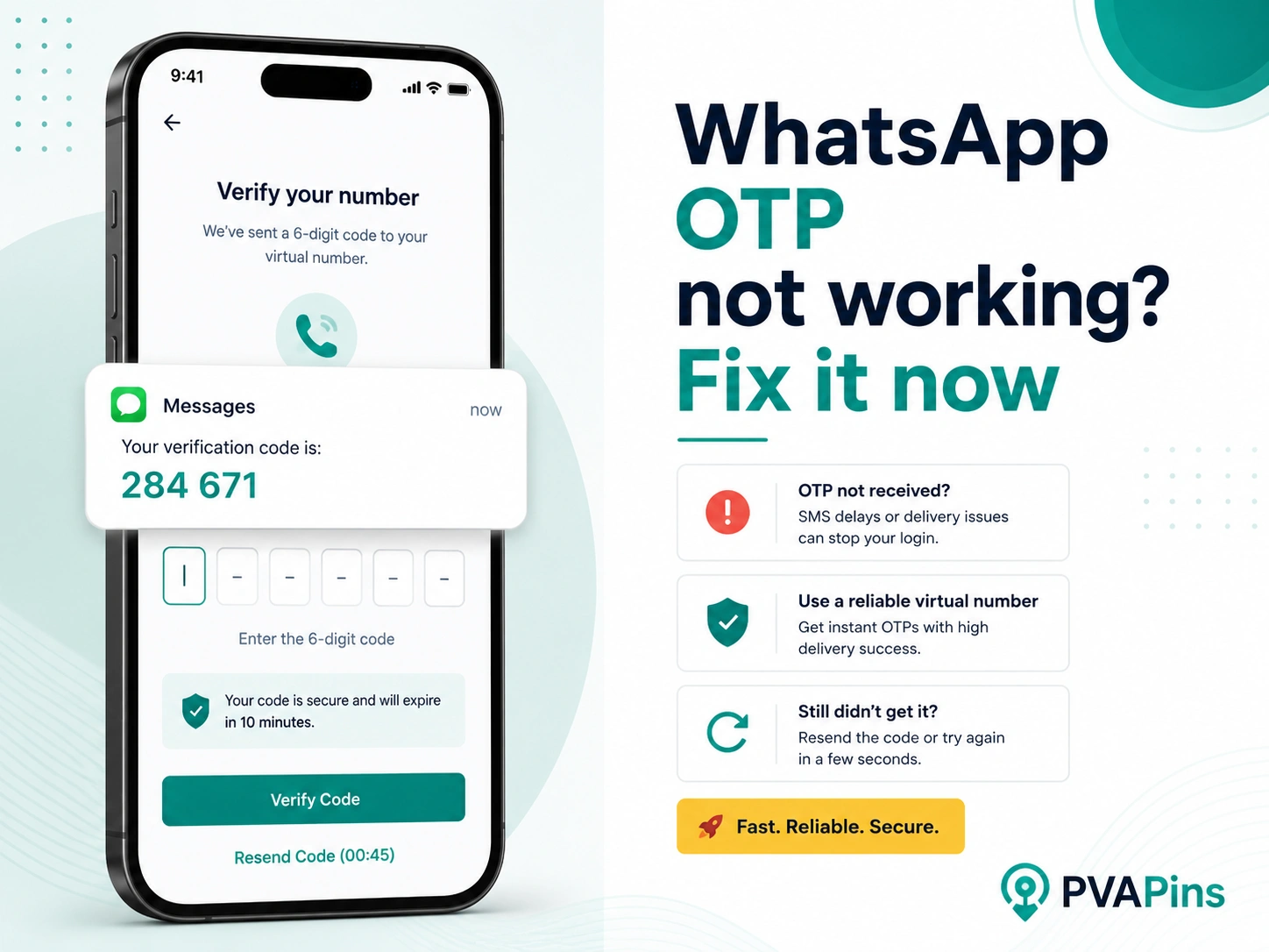Smartphone showing WhatsApp OTP verification error with incoming SMS code notification on a clean white background