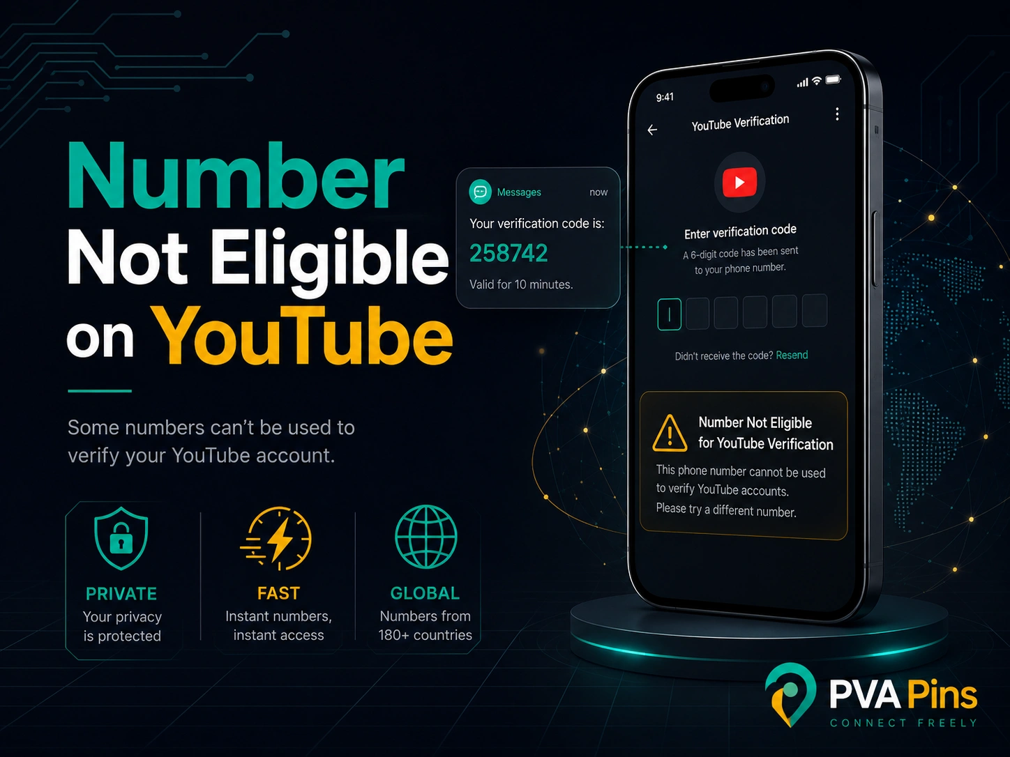 Smartphone verification screen displaying “Number Not Eligible on YouTube” with secure SMS login graphics.