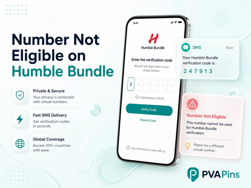 Smartphone verification screen with “Number Not Eligible on Humble Bundle” message and secure SMS code bubble.