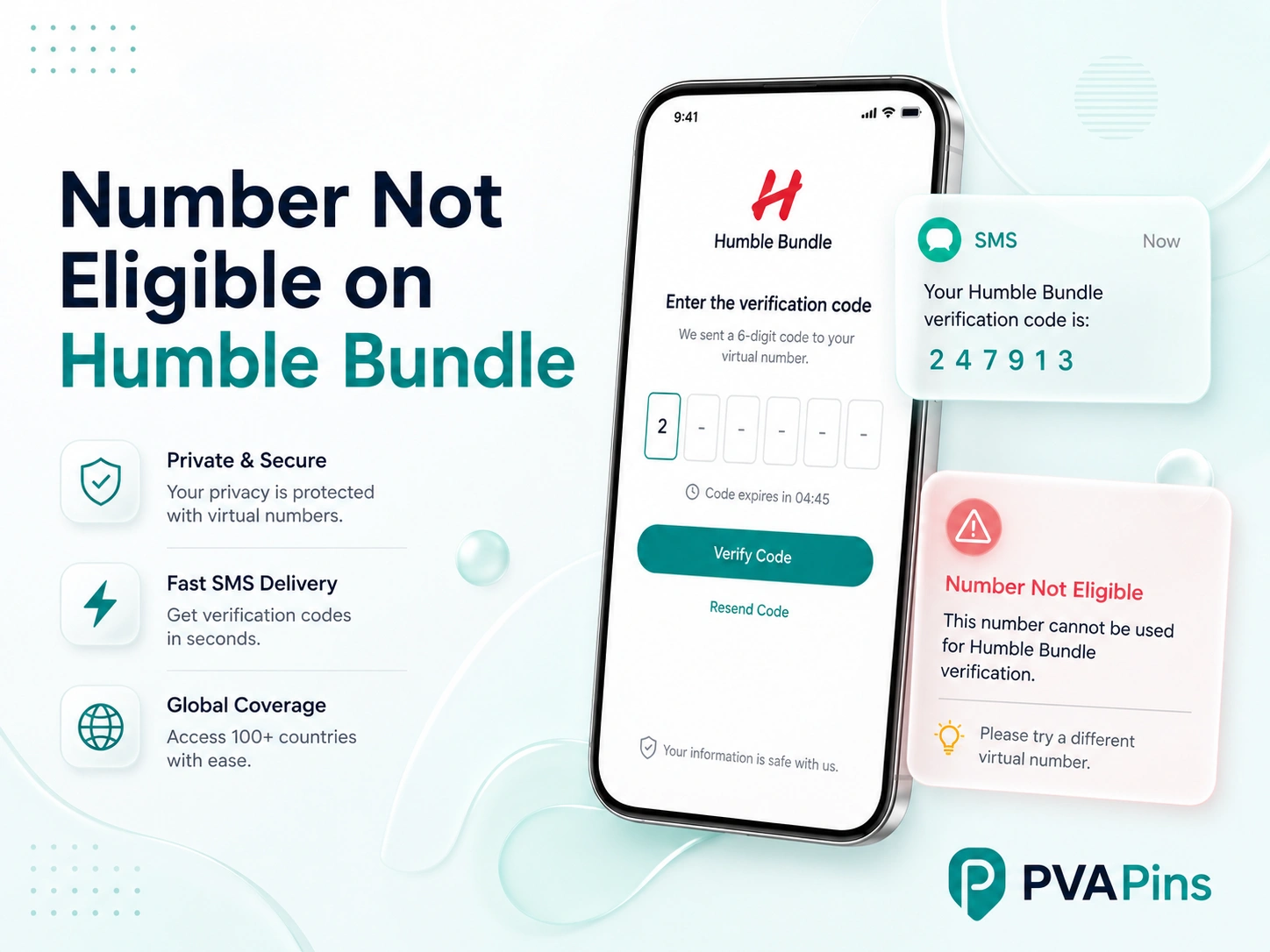 Smartphone verification screen with “Number Not Eligible on Humble Bundle” message and secure SMS code bubble.