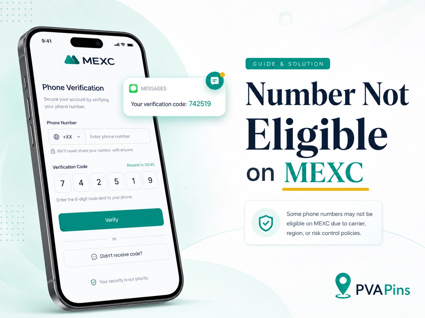 Tech-style MEXC SMS verification banner with virtual number login screen