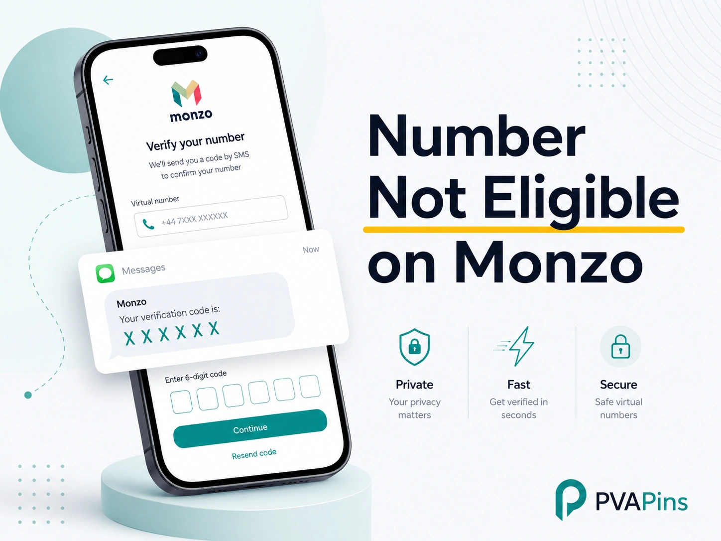 Tech-style Monzo number eligibility banner with secure virtual phone verification UI