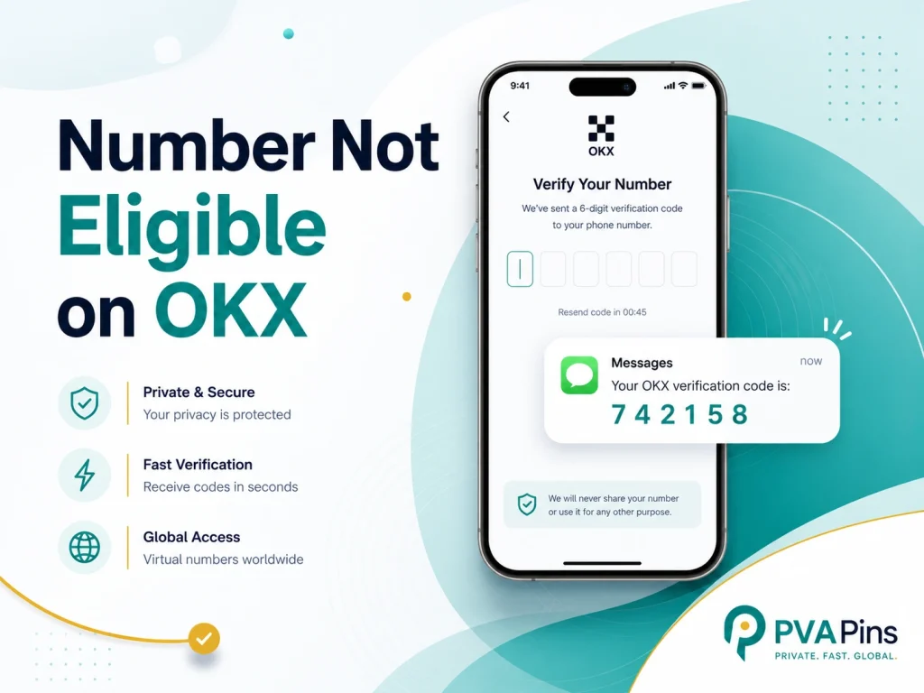Tech-style OKX verification banner with virtual number login screen, incoming SMS code notification, and PVAPins logo on a clean teal-and-white background.