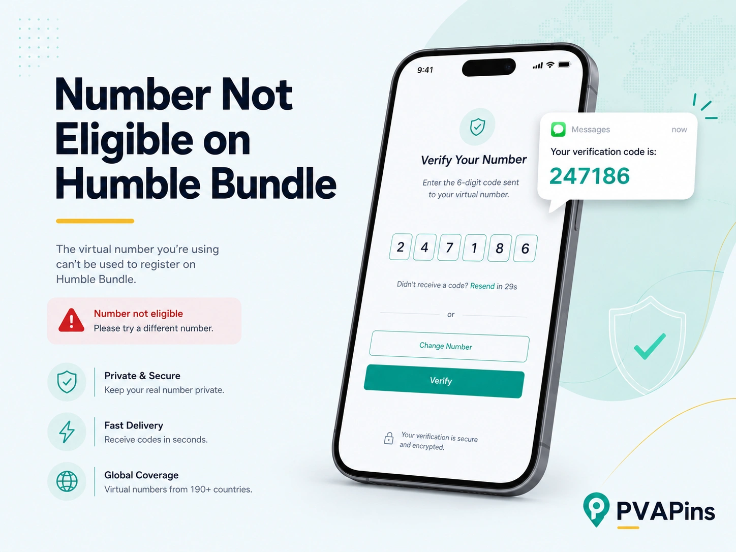 Tech-style PVAPins banner illustrating a Humble Bundle virtual number eligibility issue and OTP verification fix.