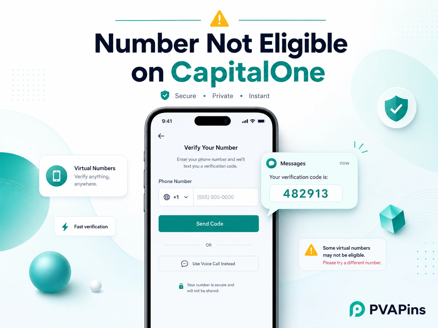 Tech-style blog banner with smartphone verification UI, generic OTP message, and CapitalOne number eligibility warning.