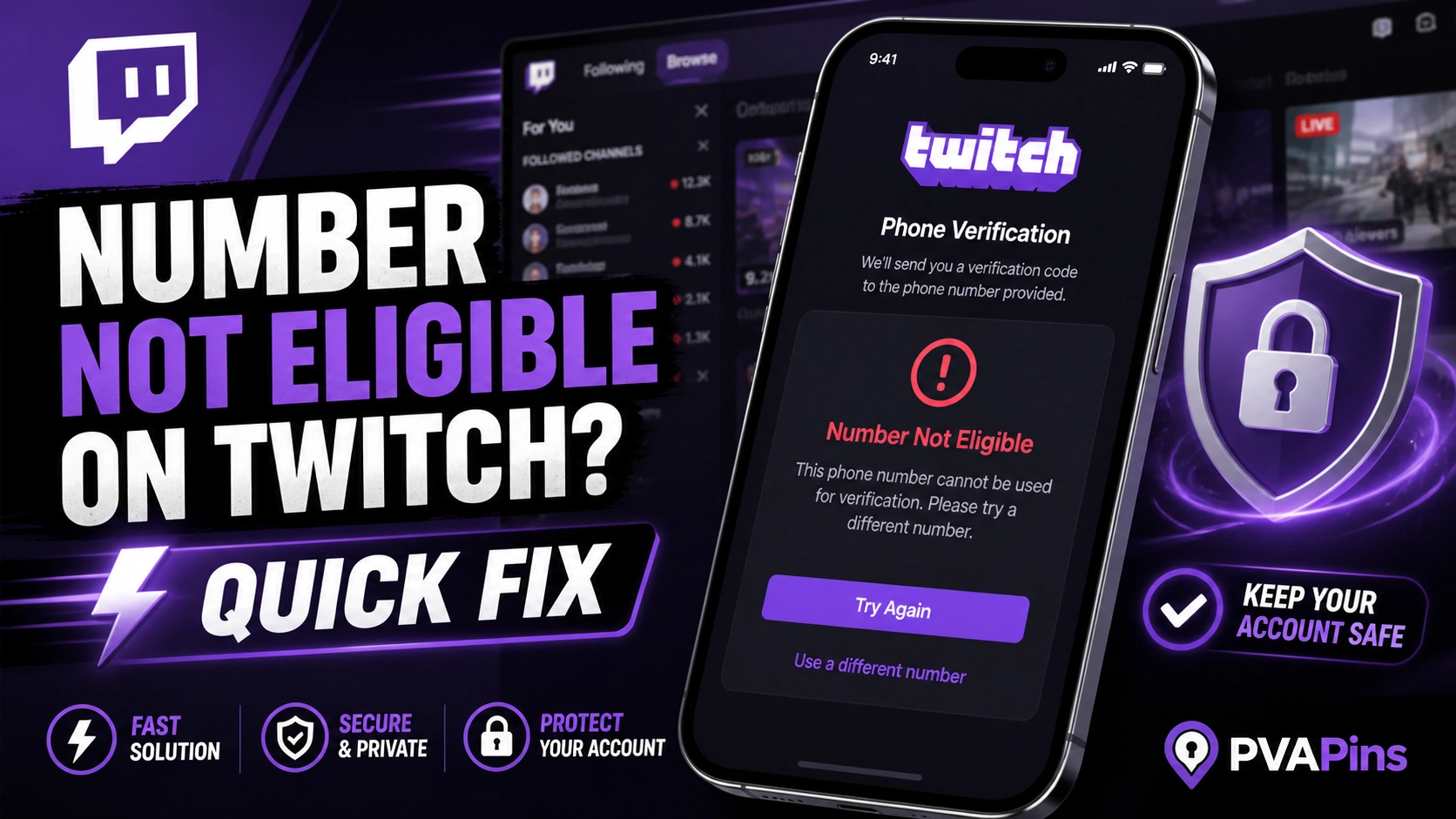 Twitch phone verification error showing “Number Not Eligible” with quick troubleshooting steps.