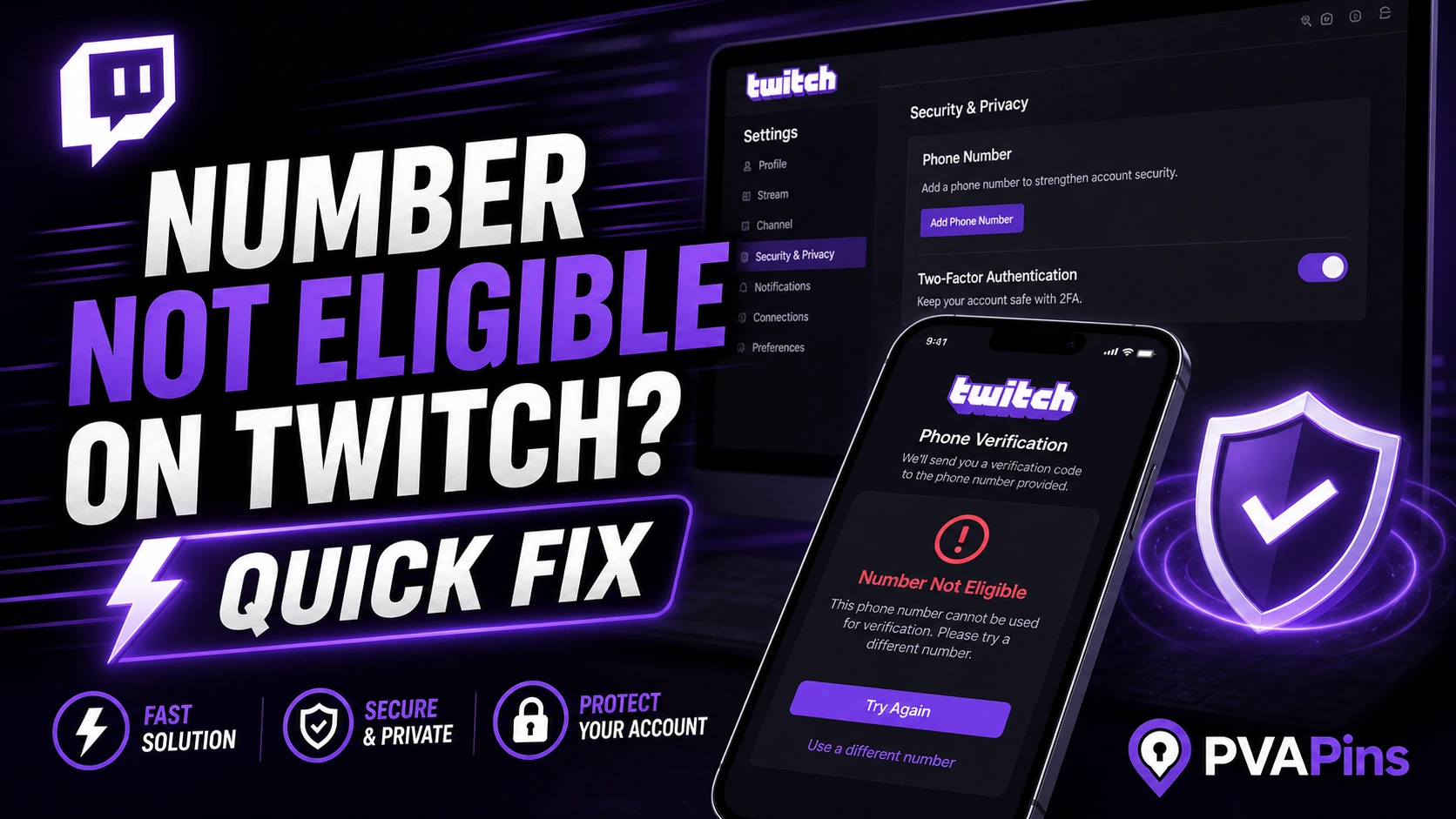 User trying to fix Twitch “Number Not Eligible” issue during account phone number verification.