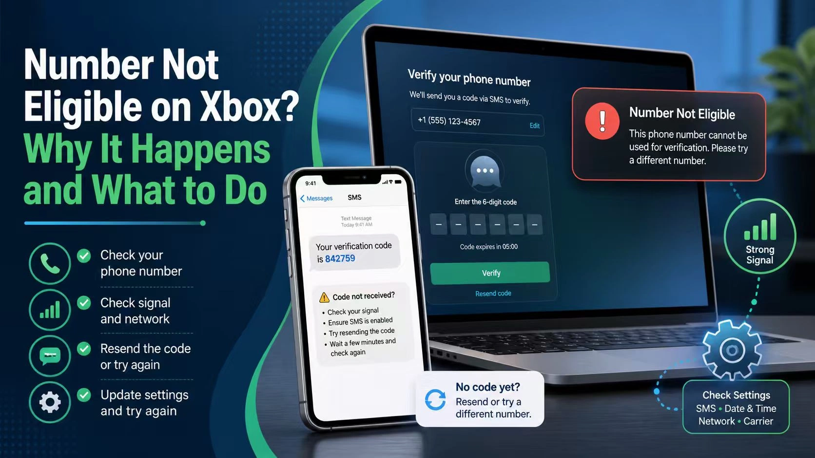 Xbox user checking phone number eligibility and verification settings on an account page.