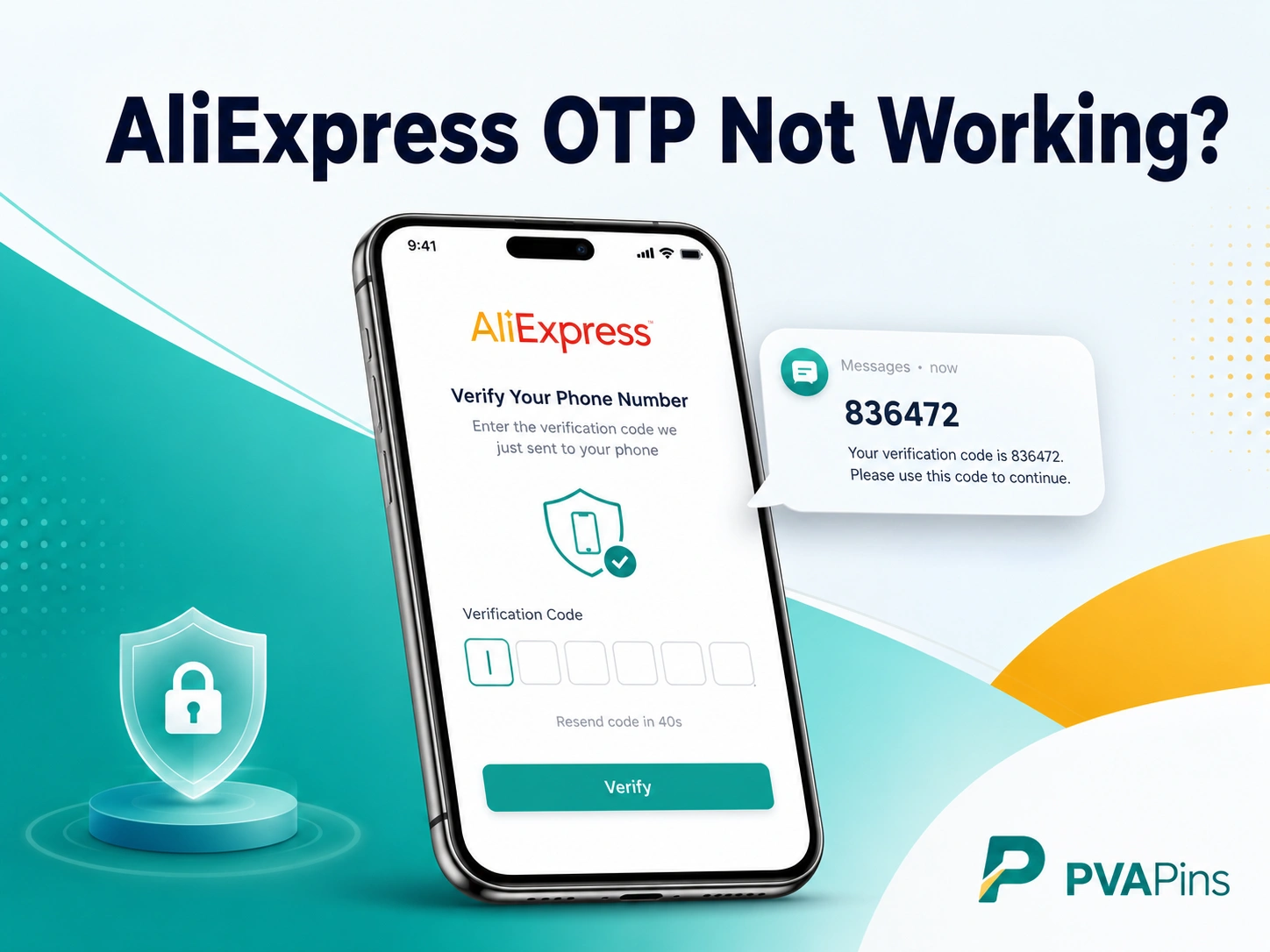 AliExpress OTP not working concept with phone verification screen, SMS code bubble, and troubleshooting theme.