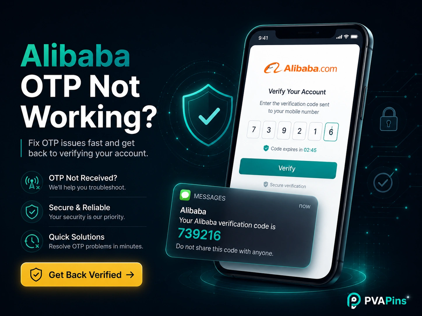 Alibaba OTP not received concept showing phone verification, SMS code alert, and secure login interface.